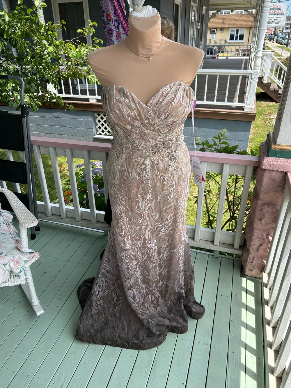 Mon Cheri Strapless Lace Appliqué Gown in Blush and Taupe